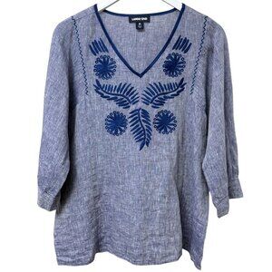LANDS END Linen Top Medium Blue Embroidered Womens Blouse Pullover Boho